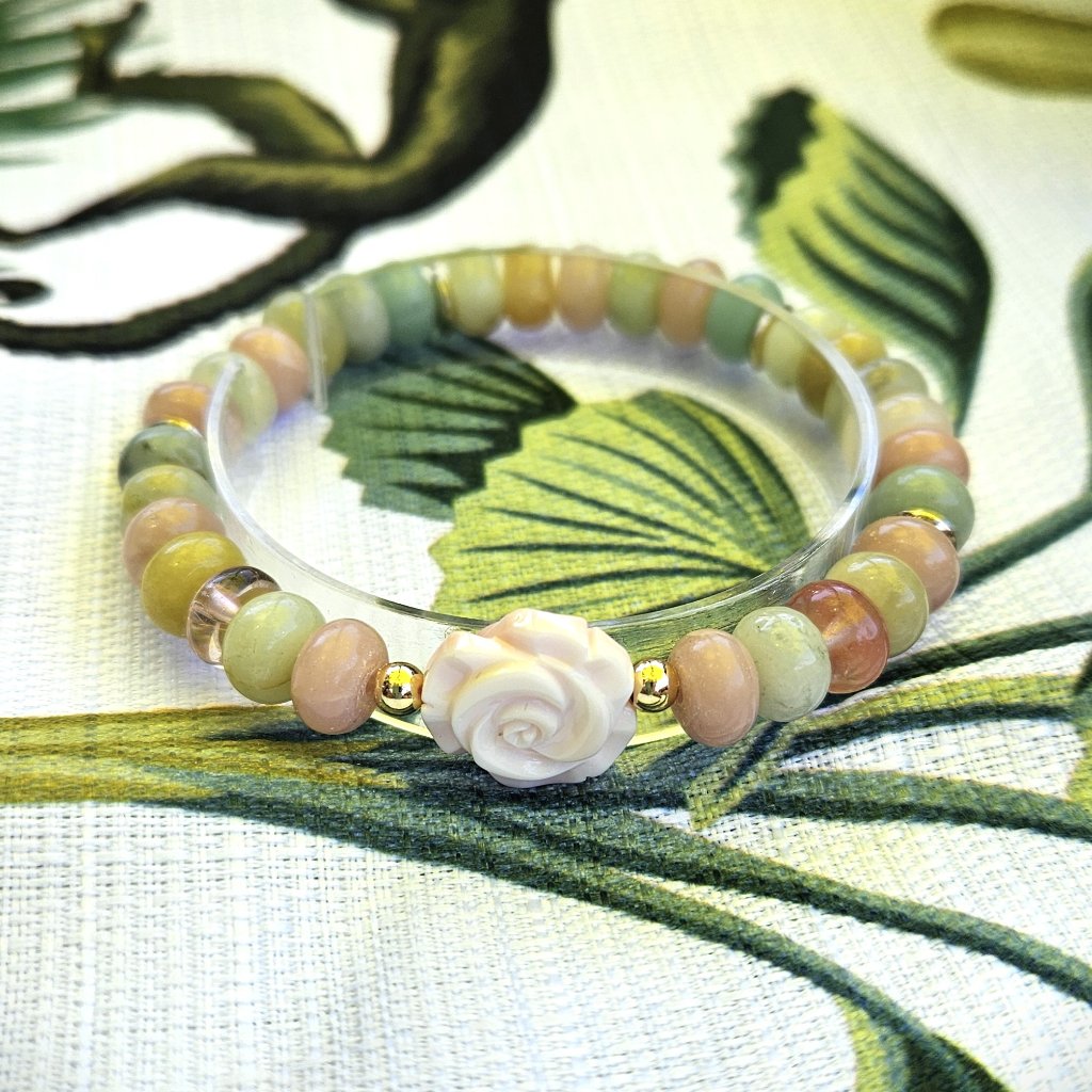 Sale!! Handcrafted Beautiful Opal Smooth Rondelle And Carved Shell Bead Bracelet